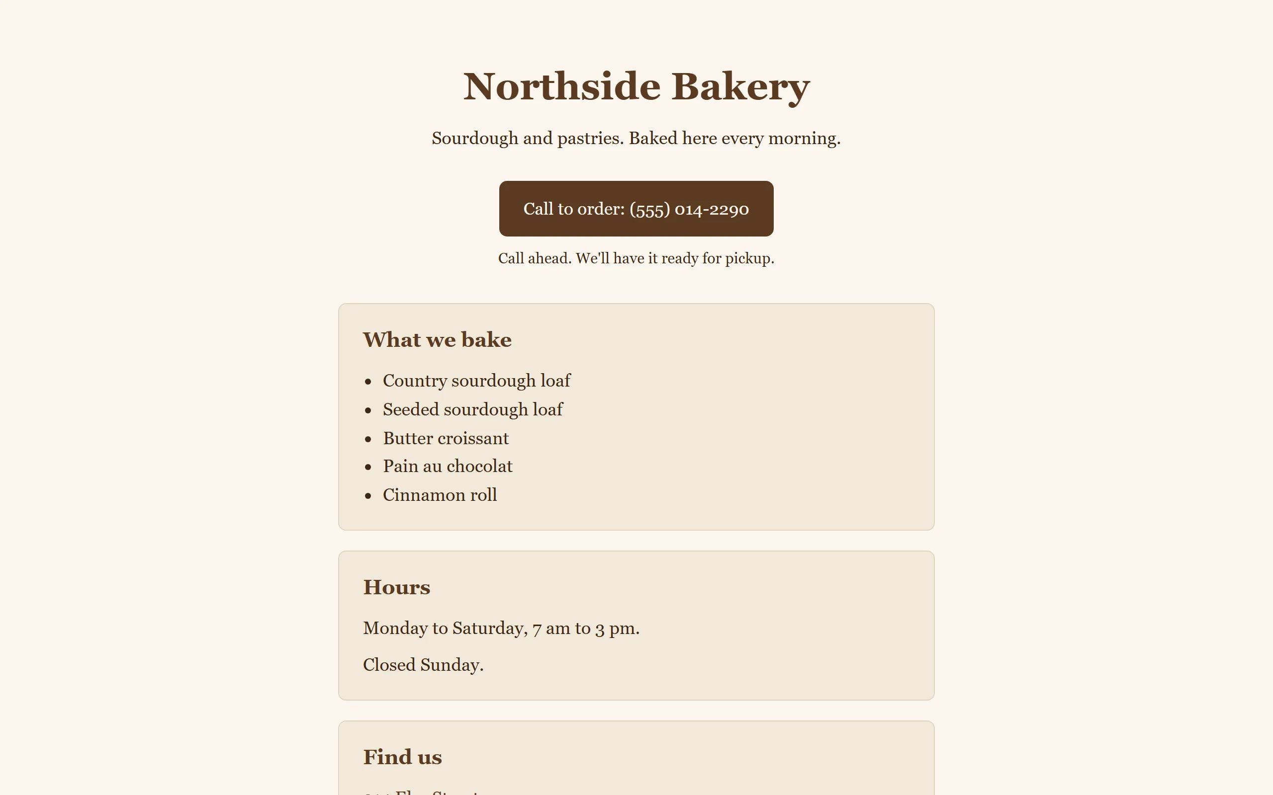 The finished Northside Bakery page on a computer screen with a Call to order button