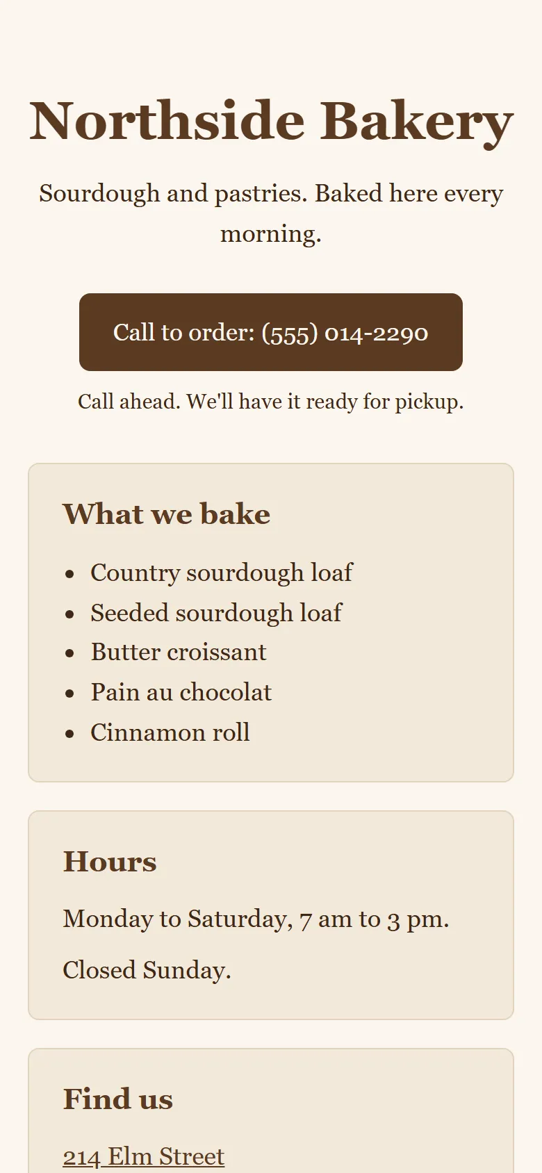 The same bakery page on a phone-sized screen